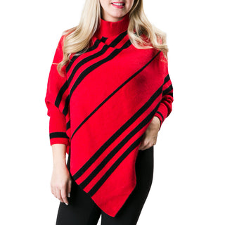 Red and Black Diagonal diagonal stripe knit poncho sweater with mock turtleneck