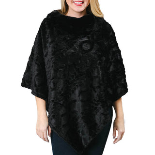 Black plush cable knit Delilah poncho with faux fur collar