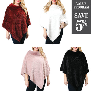 Assortment of Delilah plush cable knit ponchos with faux fur collars in 4 colors