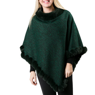 Green heathered faux fur trim poncho shawl with plush lining 