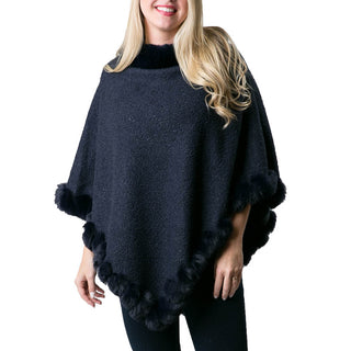 navy boucle Desiree poncho with navy faux fur trim