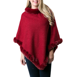 red boucle Desiree poncho with red faux fur trim