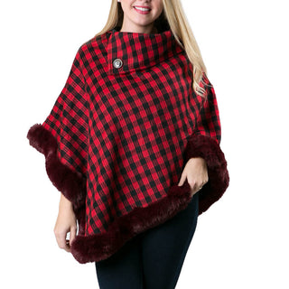 red and black  check plaid Danielle faux fur trimmed wrap