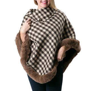 taupe and brown  check plaid Danielle faux fur trimmed wrap