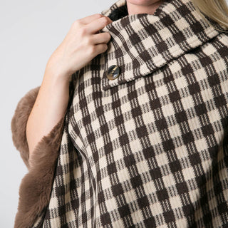 close up of collar with button of taupe and brown  check plaid Danielle faux fur trimmed wrap