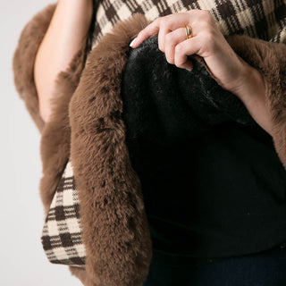 plush underside of taupe and brown  check plaid Danielle faux fur trimmed wrap