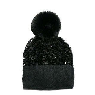Black Sequins Hat with Detachable Pom Pom