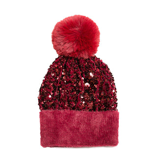 Dark Red Sequins Hat with Detachable Pom Pom