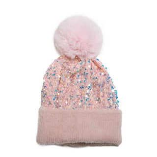 Light Pink Sequins Hat with Detachable Pom Pom