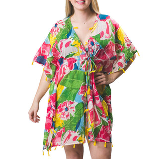 cotton coverup with drawnstring and tassles in multi color pineapple floral blossom print