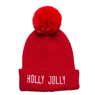Red Joyce hat with HOLLY JOLLY embroidered in white and red pom pom
