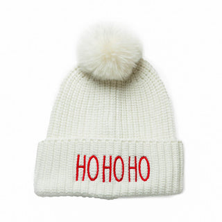 White Joyce hat with HO HO HO embroidered in red and white pom pom