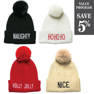 Assortment of Joyce Christmas hats in 4 colors and sayings