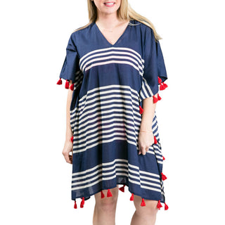 Navy and White Striped Cover-Up with Red Tassels along Trim