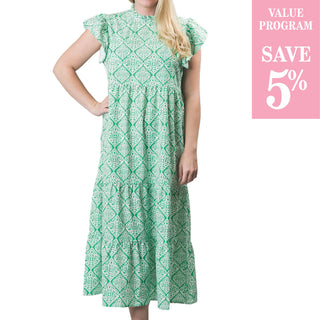 Green Damask print multi-tiered dress with back button, ruffle neck and ruffle short sleeve in assorted sizes