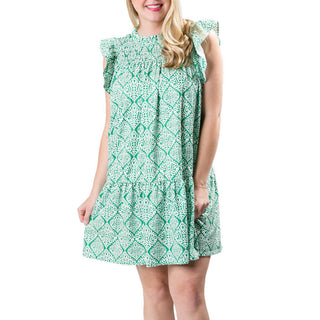 Green damask print dress with cap flutter sleeves, smocked above the chest