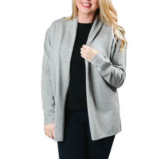 gray long sleeve cardigan with knit red lobster, front view