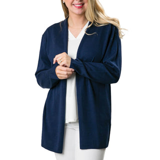 Navy Long Sleeve Cardigan with Green Shamrock Icon Front view