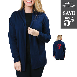 Navy Noreen cardigan with red lobster on the back