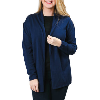 navy long sleeve cardigan, front view