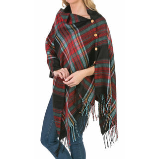 Black Multi  plaid wrap shawl with buttons and fringe