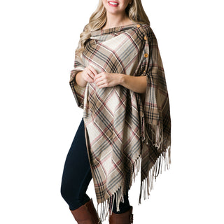 tan, brown and red plaid wrap shawl with buttons and fringe