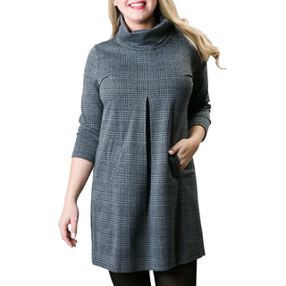 gray glen plaid print jacquard knit tunic dress with three quarter sleeves, turtleneck and front pleat
