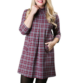 red and blue plaid print jacquard knit tunic dress with three quarter sleeves, turtleneck and front pleat