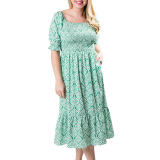 Green Damask  Tiered, Smocked Dress