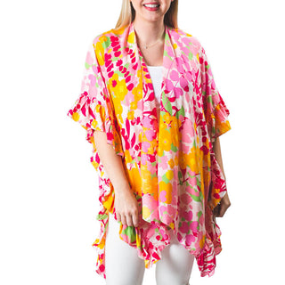 ruffle kimono with pink and orange wildflower print