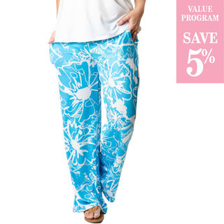Blue Pineapple Blossoms print on wide leg Palazzo Pant with drawstring waist and pockets, in assorted sizes