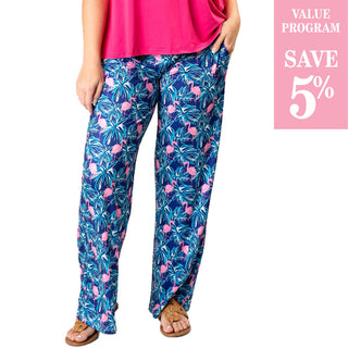 Fab Flamingo and Palm Tree on navy print on wide leg Palazzo Pant with drawstring waist and pockets, in assorted sizes
