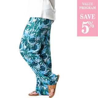Green and Blue Palm print on wide leg Palazzo Pant with drawstring waist and pockets, in assorted sizes