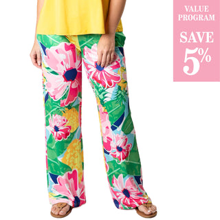 Multicolor Pineapple Floral Blossom print on wide leg Palazzo Pant with drawstring waist and pockets, in assorted sizes
