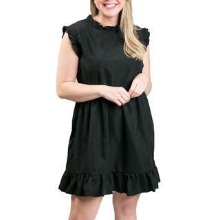 Black sleeveless dress with ruffle at sleeve, neck and hem,  above-the-knee length