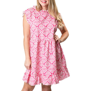 Pink damask print sleeveless dress with ruffle at sleeve, neck and hem,  above-the-knee length