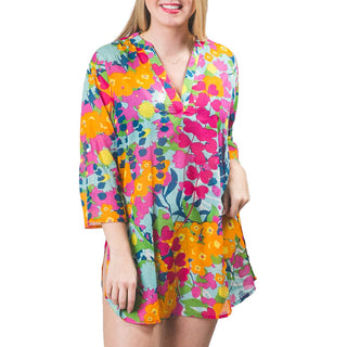 Multicolor Wildflowers Print 100% Cotton Tunic with Buttons for adjustable sleeve length