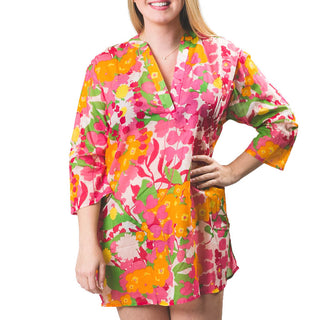 Pink and Orange Wildflowers Print 100% Cotton Tunic with Buttons for adjustable sleeve length