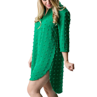 Green tunic dress with V-neck, lapel collar, 3/4sleeves, side-slit, longer back hem-line, textured polka-dots