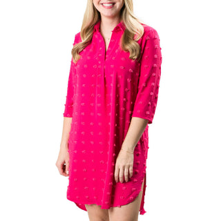 Hot pink tunic dress with V-neck, lapel collar, 3/4sleeves, side-slit, longer back hem-line, textured polka-dots
