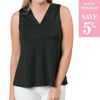 Solid Black sleeveless v-neck wrinkle resistant top, in assorted sizes