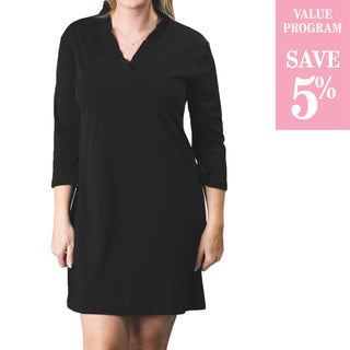 Solid Black easy travel machine washable 3/4 sleeve dress with ruffled V-neck, in assorted sizes
