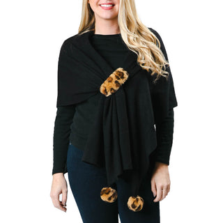 Black Katie keyhole wrap with leopard faux fur keyhole and pom pom