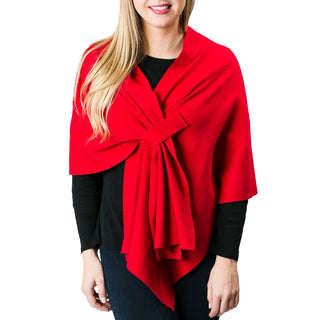 tomato red knit wrap shawl with keyhole closure