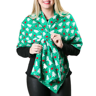 green with white trees and red hearts knit wrap shawl with keyhole closure