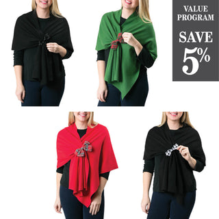 assortment of 4 colors of Kaden knit keyhole wraps with bow accents on pull through loop