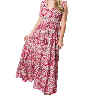 Pink Paisley Maxi V-Neck Tiered Dress