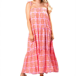 Pink and orange Greek key print maxi tiered dress with tie-string straps