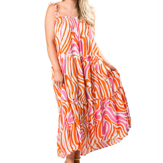 Pink and Orange Ripple strappy tiered maxi dress