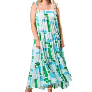 Turquoise, green, and blue block print maxi tiered dress with tie-string straps
